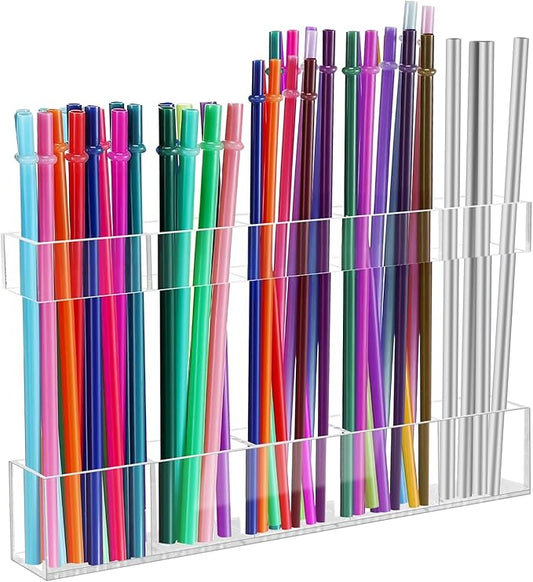 Acrylic Straw Holder for Cabinet Door - Reusable Tumbler Straw Organizer Storage, Small Kitchen Accessories Container, Ultra Sticky Cupboard Door Mounted (Transparent, Large 9.5" (Most Cabinets))