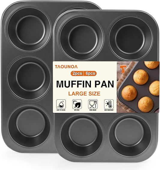 Jumbo Muffin Pan 6 Cup Cupcake Tin Nonstick, 2PCS Durable Large Baking Pan for Big Muffins & Cupcakes, Easy Clean Carbon Steel Giant Muffin Tin for Oven Use, Parties