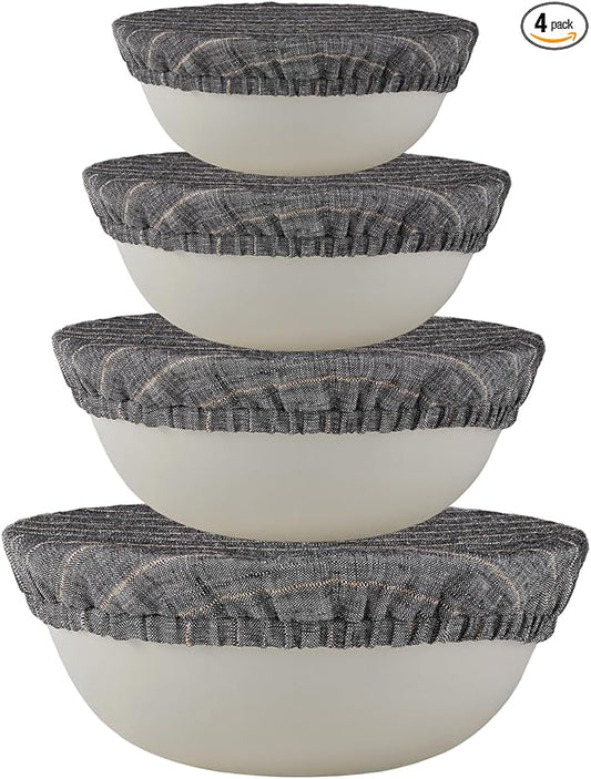 100% Pure Linen Bowl Covers For Bread Proofing, 4 Pcs Elastic Reusable Bowl Covers Large Ticking Striped Cloth Fabric Stretch Sourdough Lids, 6 * 8 * 10 * 12 Inches- Black