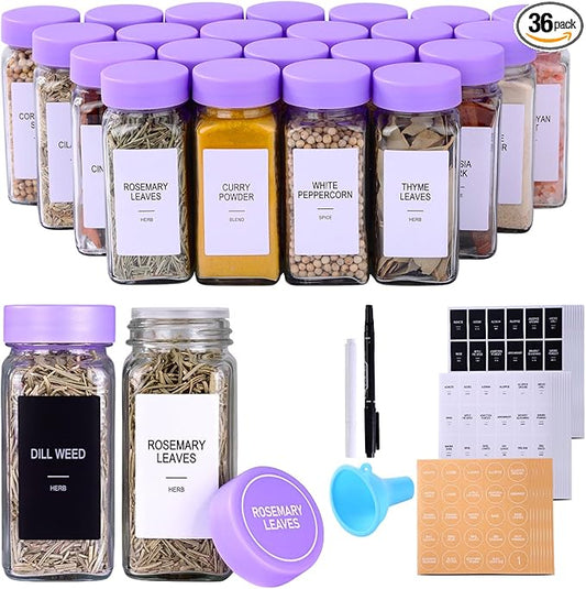 36 Glass Spice Jars with Labels, Spice Jar Set, 4oz Spice Containers, Seasoning Containers with Purple Airtight Lids and Shaker Lids, Square Empty Spice Bottles, 492 Labels, 1 Funnel
