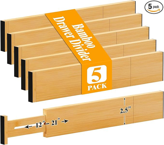 Bamboo Drawer Dividers,12-21" Adjustable Drawer Organizers for Clothes,Expandable Dresser Separators in Kitchen/Bedroom/Bathroom/Vanity/Office Organization and Storage,5-Pack