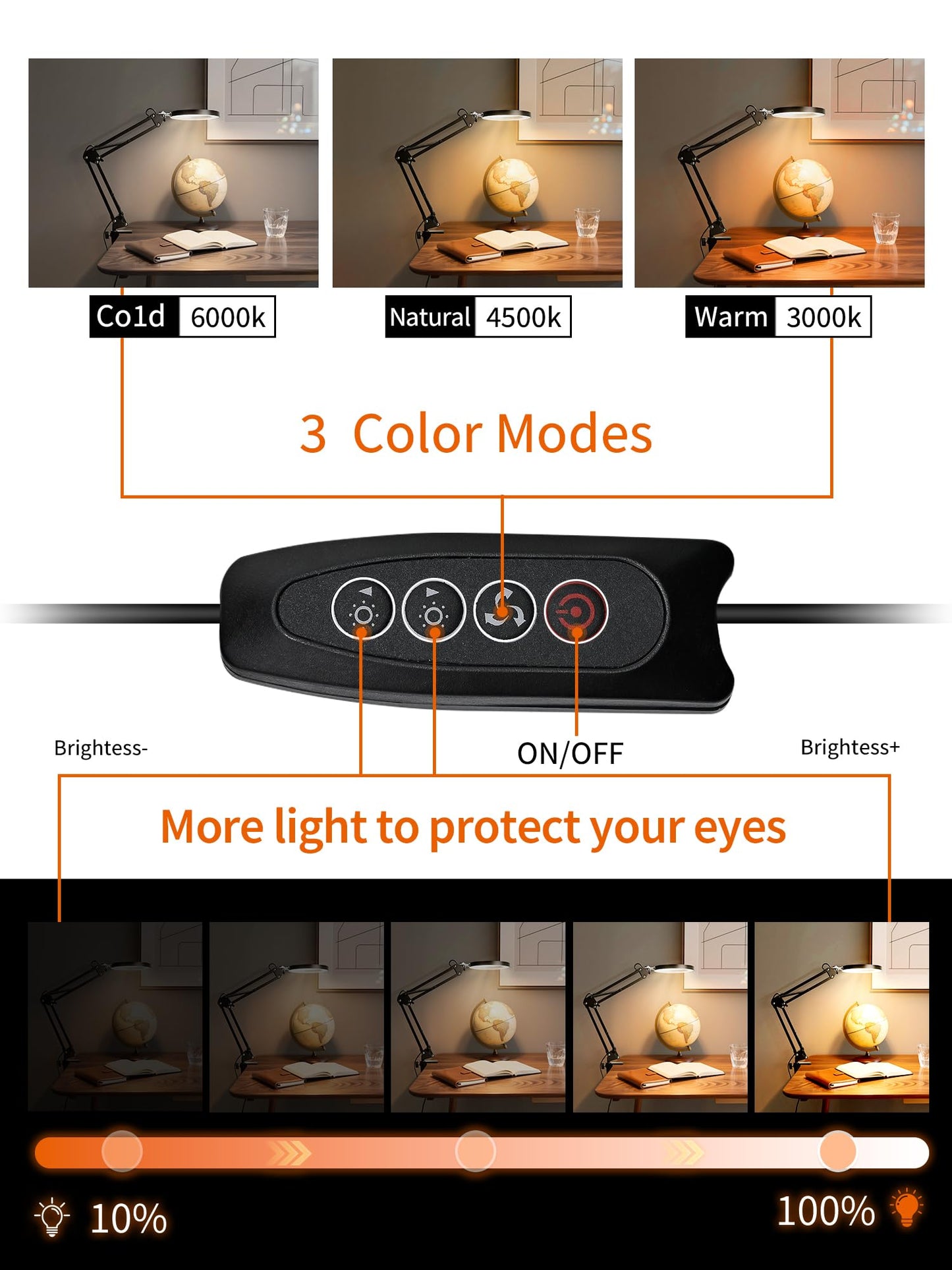 qlying 10X Magnifying Glass with Light and Clamp, Real Glass Lens Magnifier Lamp with 3 Color Modes & 270° LED Light, Dimmable Hands-Free Desk Clamp Lamp for Crafts, Reading, Painting, Repairing
