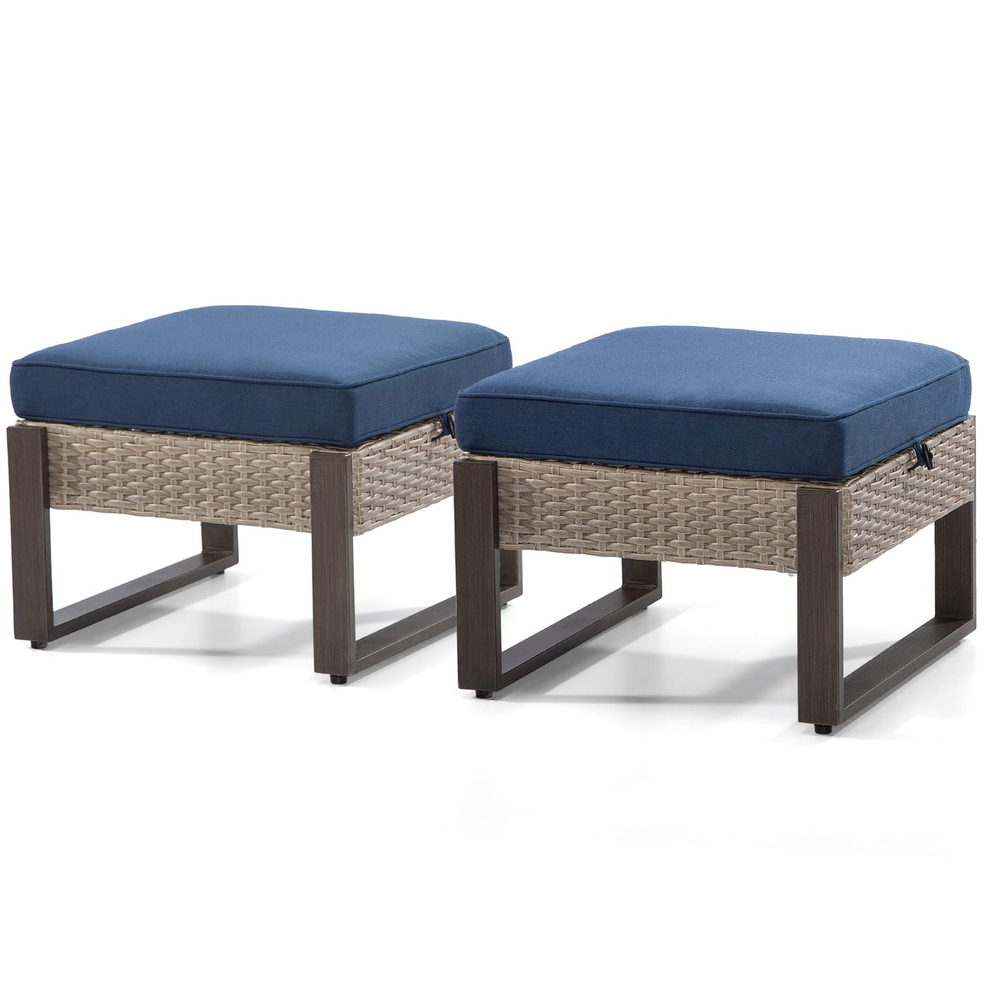 MeetLeisure Patio Metal Wicker Ottoman Set of 2, Outdoor PE Rattan Footstools with Removable Cushions & Wood-Looking Metal Steel Framed Legs for Garden Backyard Porch Deck, Dark Blue
