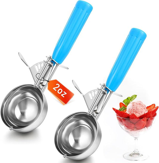 Reallnaive 2 Pcs Release Cookie Scoops Ice Cream Scooper with Trigger Release Portion Scoop Stainless Steel for Portion Control, Baking Food, Cookie Dough (2 oz,Blue)