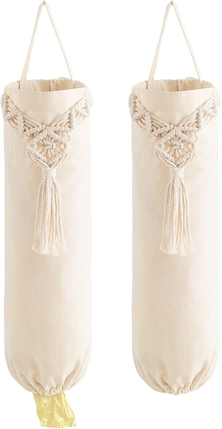 Mkono 2 Pack Macrame Plastic Bag Holder Grocery Organizer Shopping Trash Bag Dispenser Camper Boho Decor Storage for Kitchen Closet Pantry Laundry Room, Ivory, 6.3”W x 15.7”L