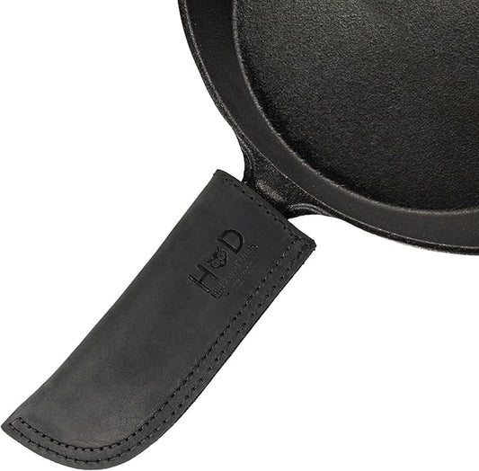 Hide & Drink, Hot Pan Handle Cover Handcrafted from Thick Full Grain Leather - Heat Resistant, Sturdy Grip for a Cast Iron Skillet, Frying Pan, Cookware - Simple, Durable (Charcoal Black)