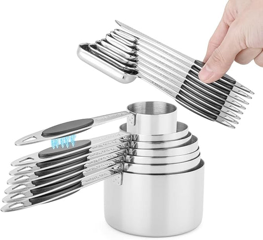 Magnetic Measuring Cups and Spoons Set, 15 Piece Stainless Steel Measuring Cups and Spoons for Measure Dry and Liquid Ingredients (Black)