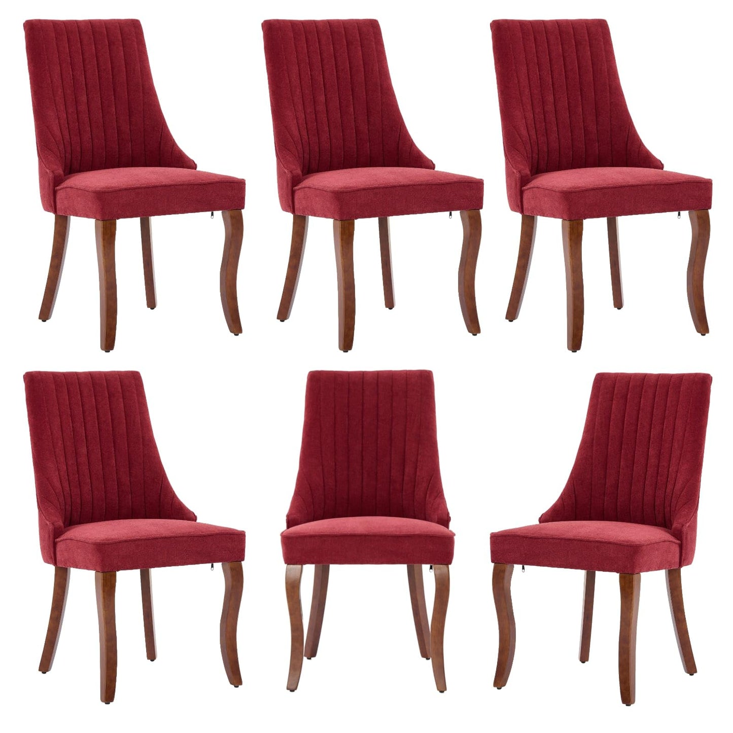 BEIDOR Dining Chairs Set of 6,Comfy Fabric Upholstered Accent Chairs for Kitchen Living Room,Channel Tufted Dining Room Chairs with Curved Solid Wood Legs(Wine Red)
