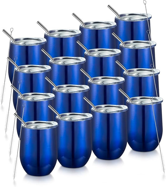 COMOOO 12oz Stainless Steel Wine Tumbler with Lid and Straw, Double Wall Vacuum Insulated Travel Tumbler Cup Stemless for Hot and Cold Drinks Coffee, Wine, Cocktails, Royal blue, 16 Pack