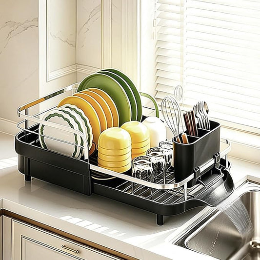 Dish Drying Rack for Kitchen Counter, Expandable Dish Drainer with Drainboard Set and Removable Utensil Holder, Space-Saving Countertop Organizer