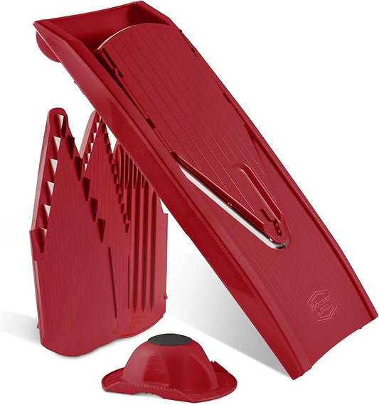 Mandoline Food Slicer Börner V1 (Starter Set) by Reston Lloyd • V-Slicer with 3 Blade Inserts & Food Holder • Made in Germany • Fruit & Vegetable Chopper • Multiple Settings • Color: Red