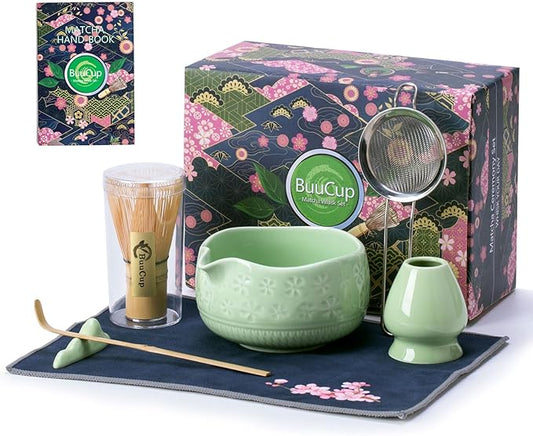 Buucup Matcha Whisk Set, Ceramic Matcha Kit Set Includes Matcha Bowl, Matcha Whisk and Holder, Bamboo Scoop, Scoop Rest, Sifter and Tea Towel - 7 Pcs Matcha Kit for Matcha Lovers (Green)