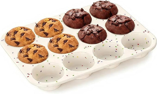 Silicone Muffin Pan for Baking: 12 Cup Muffin Pan with Metal Reinforced Frame, Regular Size Cupcake Egg Bites Molds for Baking, BPA Free Silicone Muffin Tray, Dishwasher Safe (1 Pack, White)