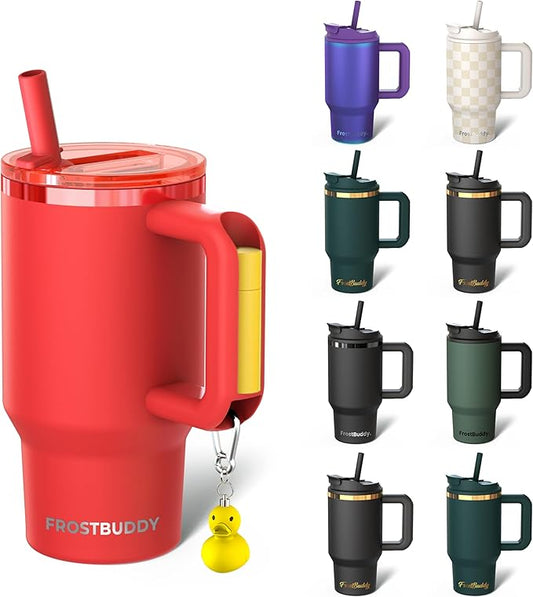 Frost Buddy Thicc Buddy - 16 oz Stainless Steel Vacuum Insulated Tumbler with Lid and Straw for Water - Travel Mug Cupholder Friendly - Gifts for Women Men Him Her (Crimson)
