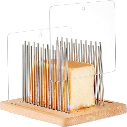 Manual Bread Slicer, Adjustable Stainless Steel Guide - Foldable Compact Slicer for Homemade Loaf, Wood Base