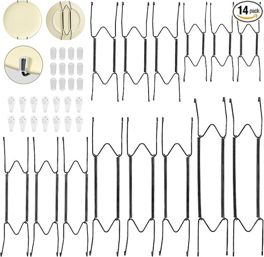 Bilillo 14 Pcs Plate Hangers for Wall - 8/10/12/14/16 Inch Invisible Plates Hanger, Stainless Steel Plate Holders with 14 Pieces Wall Hooks for 7.5 to 19.5 Inch Decorative Plates and Arts (Black)