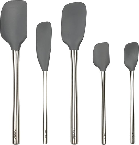 Tovolo Stainless Steel Handled Silicone Spatula Set of 5 Charcoal Gray, Dishwasher Safe Kitchen Spatula Set for Cooking Baking, Non Toxic BPA Free Silicone Spatula set with Metal Steel Handle