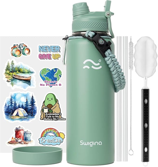 Swigina [2-IN-1 LID] Insulated Water Bottle with Silicone Boot (36hrs Cold/18hrs Hot) - DIY Stickers, Leakproof, BPA Free, 40 oz