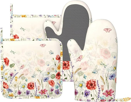 Watercolor Florals Oven Mitts and Pot Holders Sets Silicone Wildflowers Kitchen Oven Mitts Hot Pads Heat Resistant Colorful Flowers Butterfly Potholders Kitchen Mitts Set for Baking Cooking