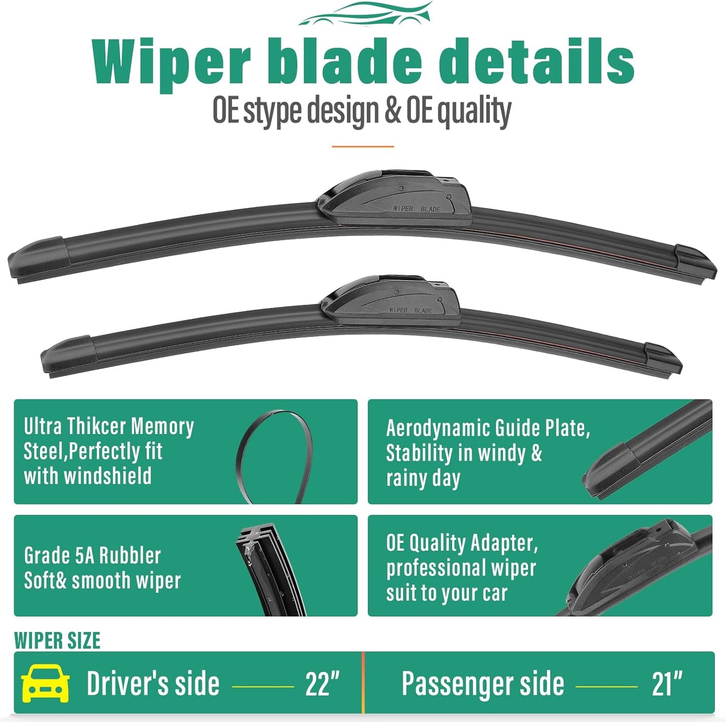 22" 21" 12" Windshield Wiper Blades Replacement for Jeep Grand Cherokee 2011 2012 2013 Premium All Weather Front Rear Wipers Set - OEM Quality (Pack of 3)