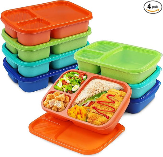 buluker 8 Pack Bento Lunch Box Set 3 Compartment Wheat Straw Meal Prep Food Storage Containers Plastic, Microwave and Dishwasher Safe （Jewel Brights）