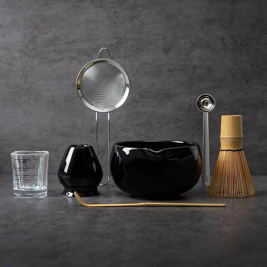 YIBO Matcha Whisk Set Black - Match Bowl with Spout and Whisk, Scoop, Sifter, Chasen Holder Measuring Spoon & Cup Kit for Matcha Tea Ceremony Tools