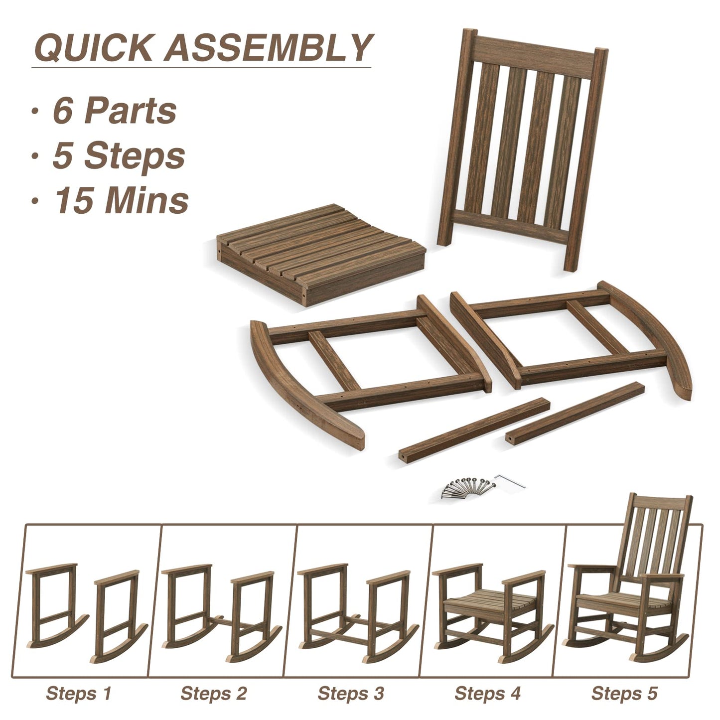 ACUEL Outdoor Rocking Chair Set of 2, HDPE Oversized Patio Rocking Chairs, Weather Resistant, 350lbs Heavy Duty Porch Rocker with High Back for Backyard, Fire Pit, Garden and Indoor (Bright Brown)