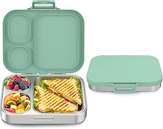 Howeemo Stainless Steel Bento Box Kids, Leak Proof Metal Bento Lunch Box,3 Compartments 304 Stainless Steel Bento Lunch Containers for School and Office, BPA-Free(Green)