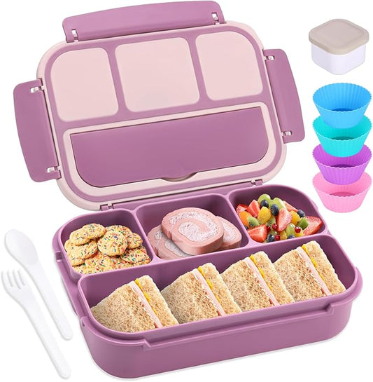 shell and turtle Bento Box Adult Lunch Box, Lunch Containers for Kids Girls Boys with 4 Compartments, Lunchable Food Container with Utensils, Sauce Jar, Muffin Liners, 40 Oz/5 Cup, Dark Purple
