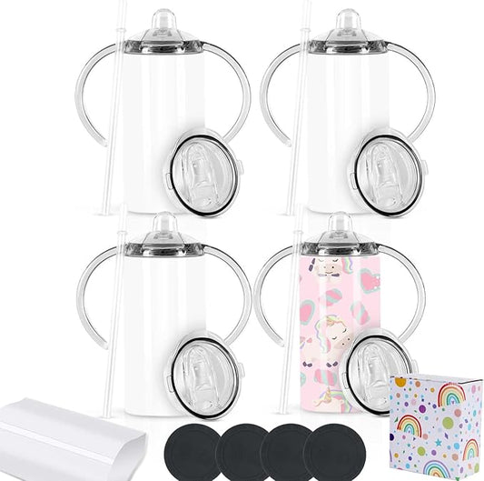 12 Oz Sublimation Sippy Cup 4 Pack, Kids Sublimation Sippy Tumblers, Stainless Steel Todder Water Bottle