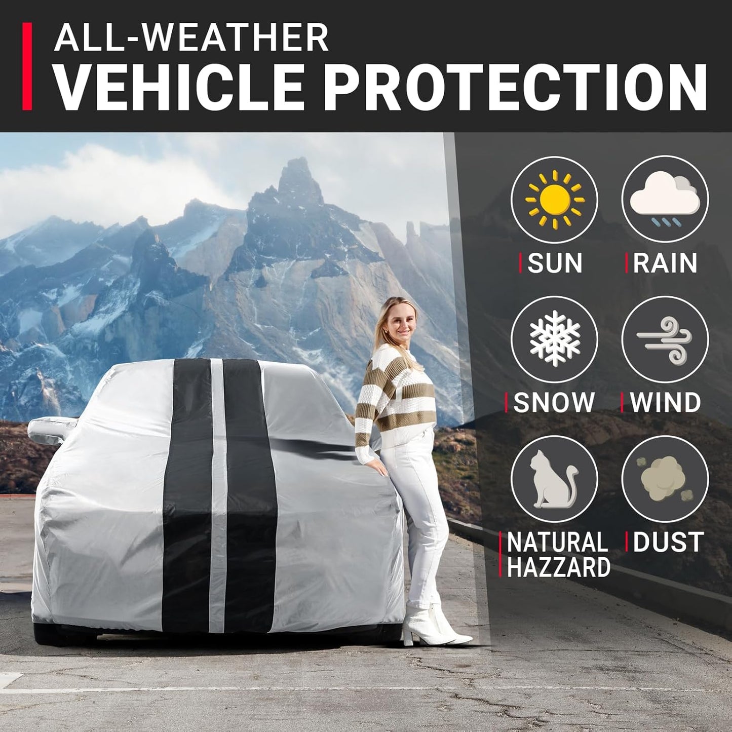 iCarCover Custom Car Cover for Chevy Aveo Sedan (2004-2022) Waterproof All Weather Rain Snow UV Sun Protector Full Exterior Indoor Outdoor Car Cover (Stripe - Gray/Black)