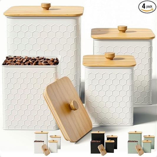 Kitchen Canisters for Countertop Set of 4 - Textured Iron Kitchen Canisters with Airtight Lids - Flour Sugar Canister Set - Flour and Sugar Containers Farmhouse - Coffee Jar for Counter - White Jar x4
