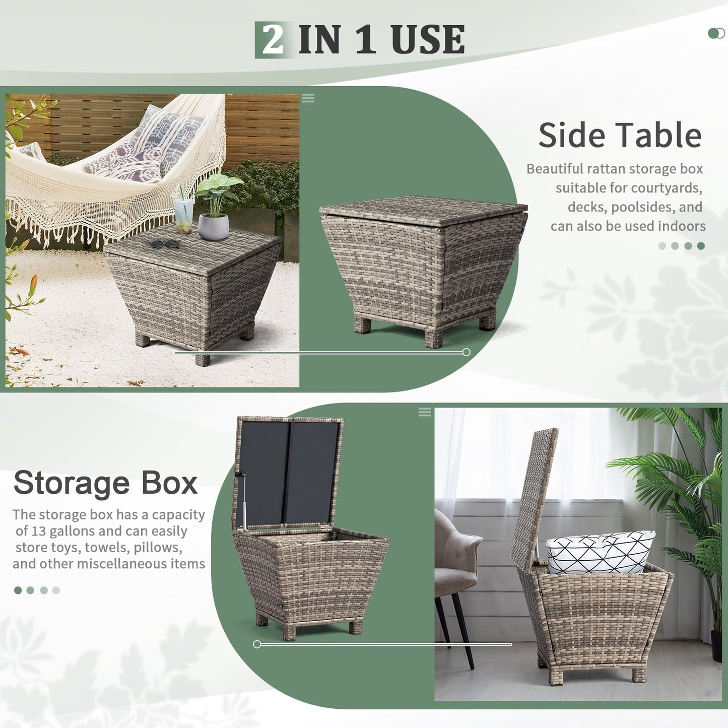 Funnil Outdoor Wicker Side Table for Patio Deck Garden, All-weather Rattan Small Storage Box End Table, Resin Coffee Table with Iron Frame, Gray