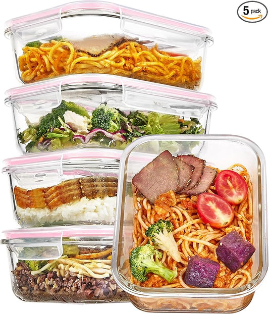 Vtopmart 5 Pack 35oz Glass Food Storage Containers with Lids, Meal Prep Containers, Airtight Reusable Lunch Container Set, Safe for Oven, Microwave, Freezer, and Dishwasher, Pink