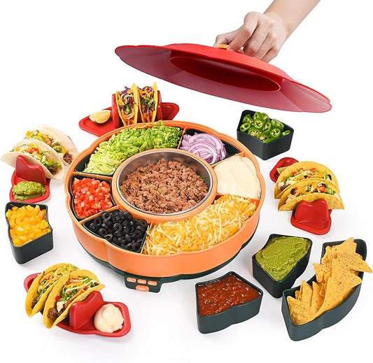 Taco Tuesday Kit - Taco Bar Serving Set for a Party with 33oz Heated Pot, 4 Taco Holders, Detachable Lazy Susan Tray, Perfect for Parties, Nachos Taco Night Fiesta Unique Couple & Housewarming Gift
