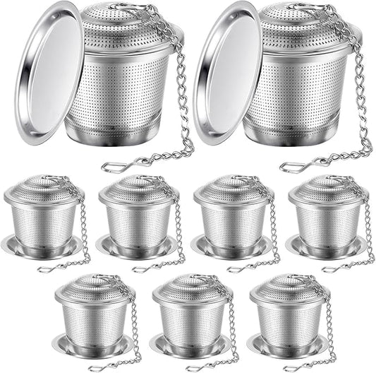 Zopeal 9 Pcs Tea Infuser Stainless Steel Strainer with Extended Chain Hook and Saucer Loose Leaf Steeper Fine Mesh Ball Tea Filter for Brew Spices Seasonings Fits Cup Mug Bottle (Large)