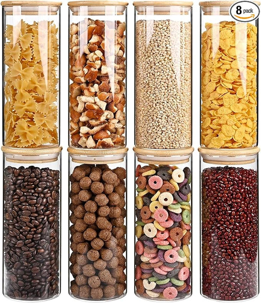 SHOWIN 34oz Glass Food Storage Jars, Glass Jars with Bamboo Lids, Kitchen Storage Jars, Set of 8, Canisters with Airtight Lids for Spice, Coffee, Cookie, Pantry Organizers