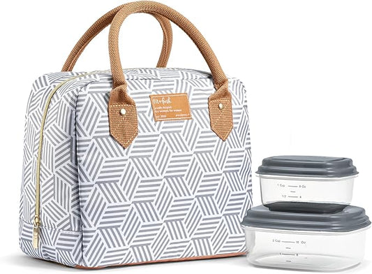 Fit & Fresh Bloomington Lunch Bag for Women - Insulated Large Lunch Box for Work with Containers, Leak-Resistant, Stain-Resistant, Zipper Closure, Gray Seaport Geo
