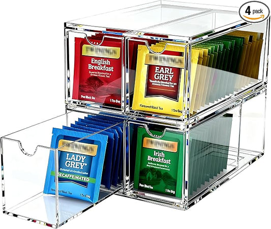 Youngever 4 Pack Plastic Tea Packet Organizers, Stackable Tea Bag Drawers, Clear Tea Bag Drawer Organizers (6" x 9" x 3.5")