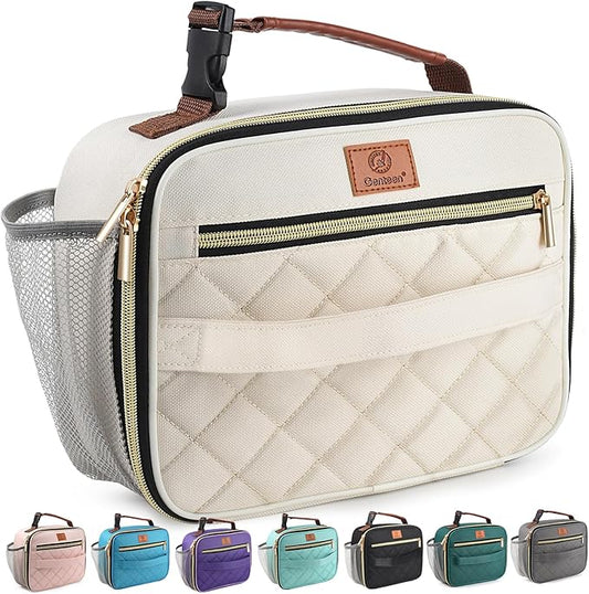 Genteen Lunch Box for Women Adults Girls - Insulated LunchBox Reusable, Zip Closure & Buckle Handle, Portable Cooler for Work, School, Travel (White)