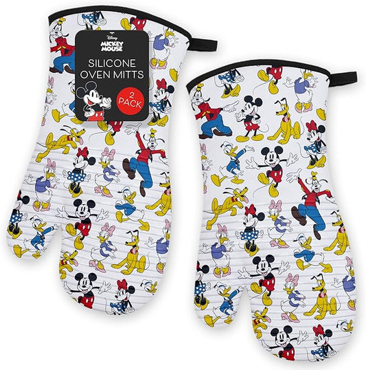 Disney Silicone Oven Mitts Heat Resistant – Set of 2 Long Cuff Cotton Kitchen Mitts with Silicone Grip Stripes, Cute Oven Mitts & Pot Holders for Cooking, Baking & Kitchen Essentials –Mickey & Friends