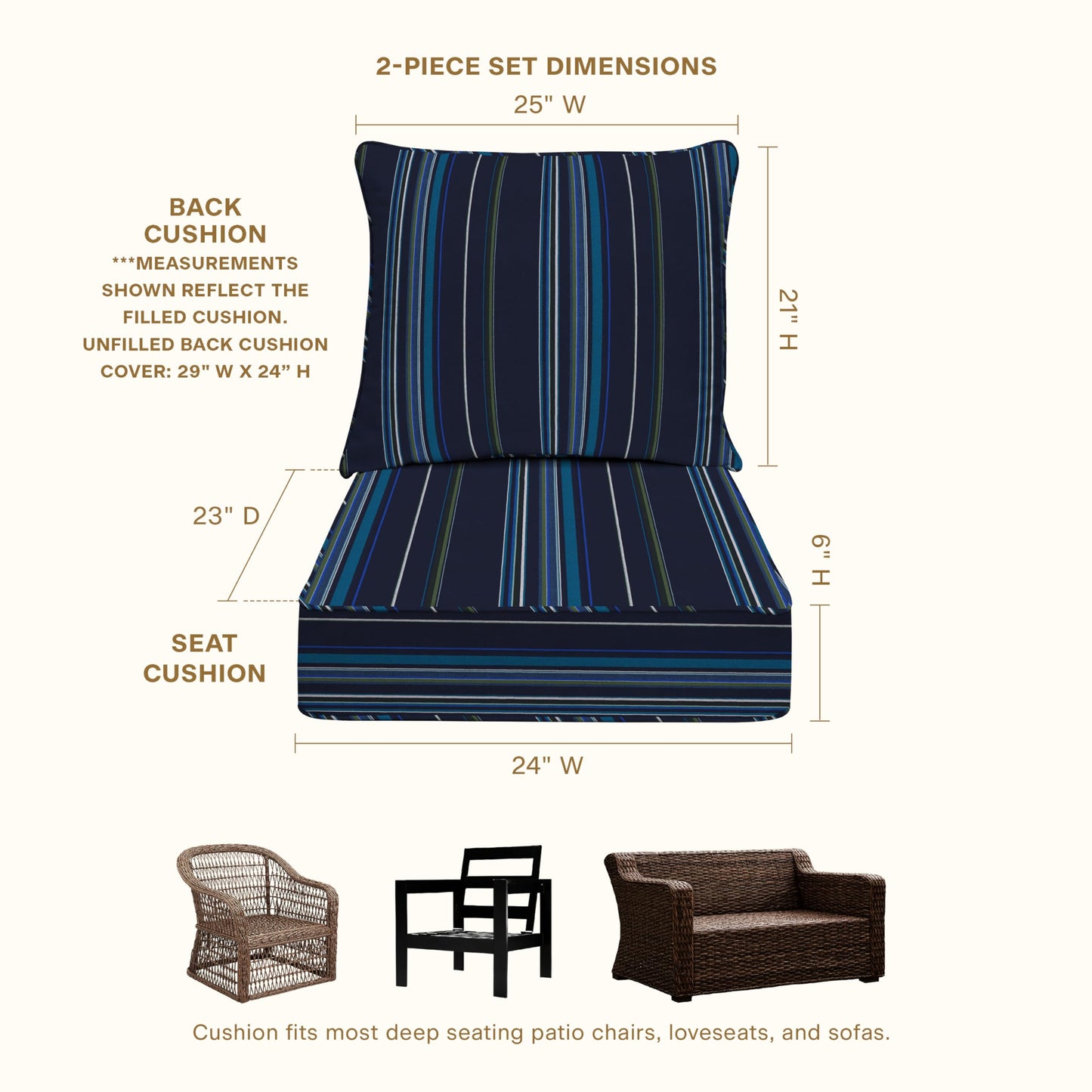 Honeycomb Outdoor Deep Seat, 24 x 23, Sunbrella Stanton Lagoon Chair Cushion for Patio Furniture