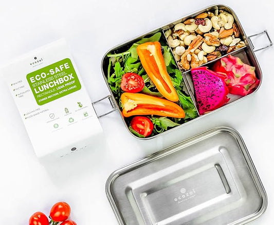 ecozoi Stainless Steel Lunch Box, Leak Proof 3 Compartment, Medium | Redesigned Silicone Seal | Sustainable Zero Waste Eco Friendly Bento Box Food Storage Container