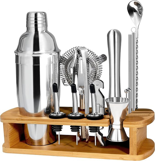 CasaCulina Cocktail Shaker Set Mixology Bartender Kit with Stand, 17 Piece Bar Tool Set: Martini Shaker, Jigger, Strainer, Mixer Spoon, Muddler, Liquor Pourers for Drink Mixing Bartending Kit(Silver)