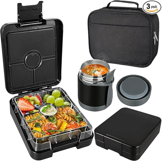 Pawtong Bento Lunch Box Set With 10oz Soup Thermo, Leak-proof Lunch Containers with 4 Compartment, Kids Hot Thermo Food Jar/Insulation Lunch Bag, Food Containers for School (Black)