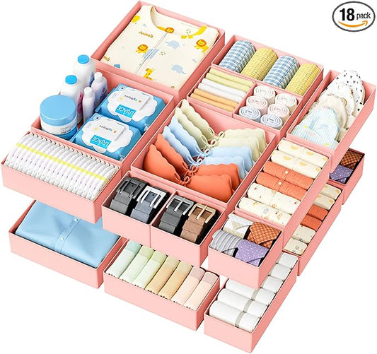 DIMJ Drawer Organizer Clothes - 18 Pack Closet Drawer Organizer Bins for Baby Clothes Storage, Fabric Dresser Organizer for Nursery Bedroom, Foldable Small Drawer Dividers for Underwear Socks