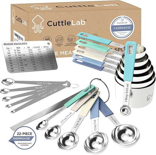 CuttleLab 22-Piece Stainless Steel Measuring Cups and Spoons Set, Tad Dash Pinch Smidgen Drop Mini Measuring Spoons, Measuring Stick Leveler, Measurement Conversion Chart Fridge Magnet, (Farmhouse)