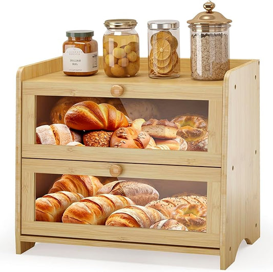 JANSNIMEN Double Layer Bread Box for Kitchen Countertop, Large Breadbox Bread Container Storage with Acrylic Door, Wooden Farmhouse Bread Holder (Bamboo, Medim-15.7" L x 9.5" W x 13" H)