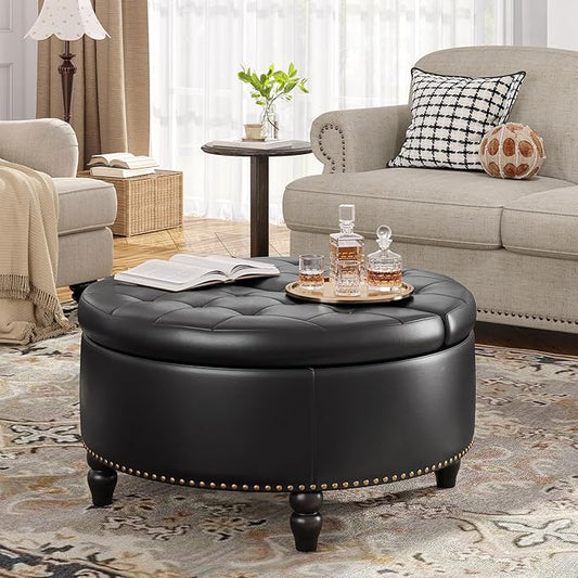 30 Inch Large Round Ottoman with Storage, Modern Leather Ottoman Coffee Table with Lift Top, Upholstered Button Tufted Footrest Stool Toy Blanket Storage for Living Room, Black