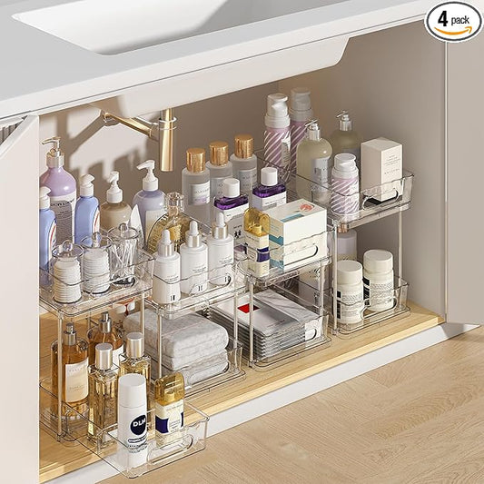 Delamu 2 Tier Snap-Lock Bathroom Under Sink Organizers and Storage, Multi-Purpose Cabinet Drawers with Movable Dividers, Pull Out Organization for Countertop, Kitchen and Pantry(Clear, 4 Pack)